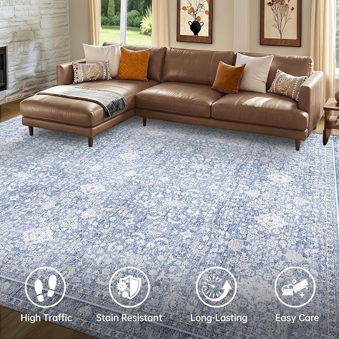 Sasttie 5x7 Area Rugs, Ultra-Soft Washable Rug, Low Pile Foldable Thin Carpets with Non-Slip Backing, Skin-Friendly Stain Resistant Carpet for Living Room, Bedroom, Kitchen, Dorm, 5x7, Light Blue