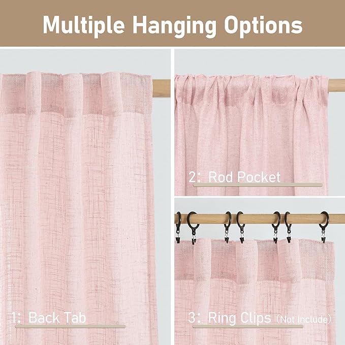 LAMIT Pink Linen Curtains 54 Inch Length 2 Panels, Light Filtering Panels Back Tab and Rod Pocket Neutral Drapes for Kids Room/Window/Bedroom, 52 x 54 Inch