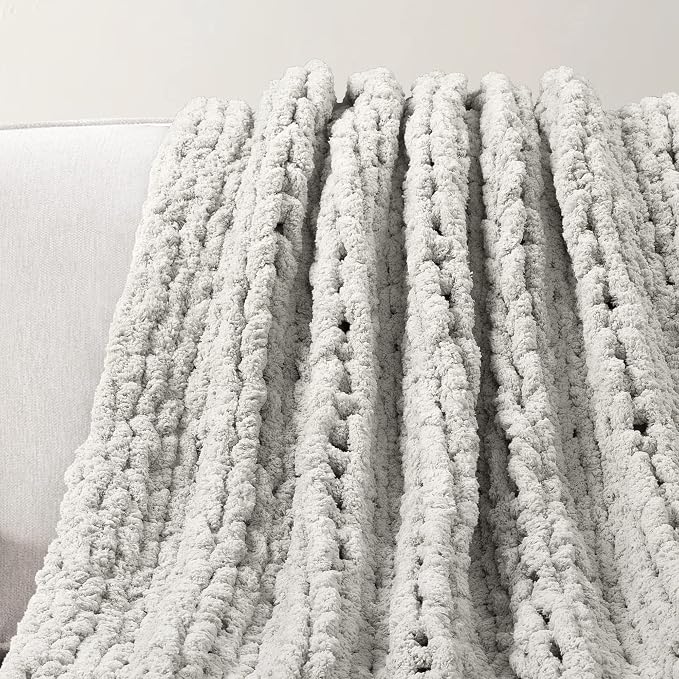 Lush Decor Hygge Ultra Soft Cozy Chenille Chunky Knit Blanket/Throw, 72" x 40", Light Gray