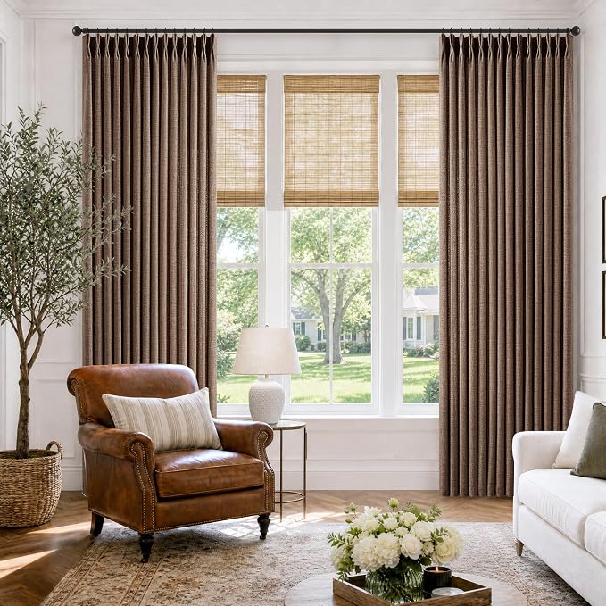 120 Inch Pinch Pleated Curtains Dark Chocolate Light Filter Semi Sheer Memory Trained High Ceiling Drapes with Back Tab Rings Extra Long Tall Pinch Pleat Vintage Brown Curtains 120 Inches Long