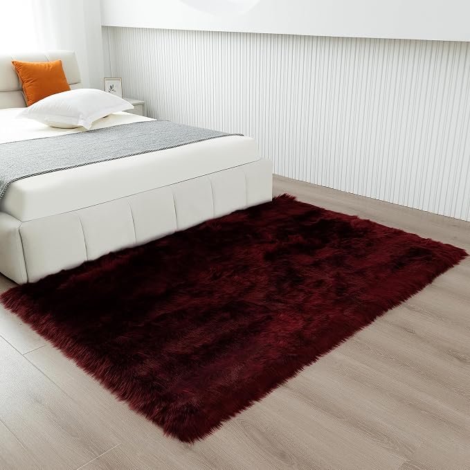 Faux Fur Rug Burgundy Sheepskin Area Rug,Ultra Soft 4x6 ft Rectangular Shaggy Plush Rug for Bedroom Sofa Floor Bedside Living Room Kids Room