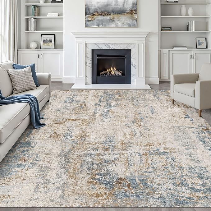 10x12 Area Rug Living Room: Washable Large Neutral Rug Abstract Soft Modern Stain Resistant Indoor Floor Non-Slip Carpet for Bedroom Nursery Kids Office Playroom Dining Room Under Table- Blue Brown