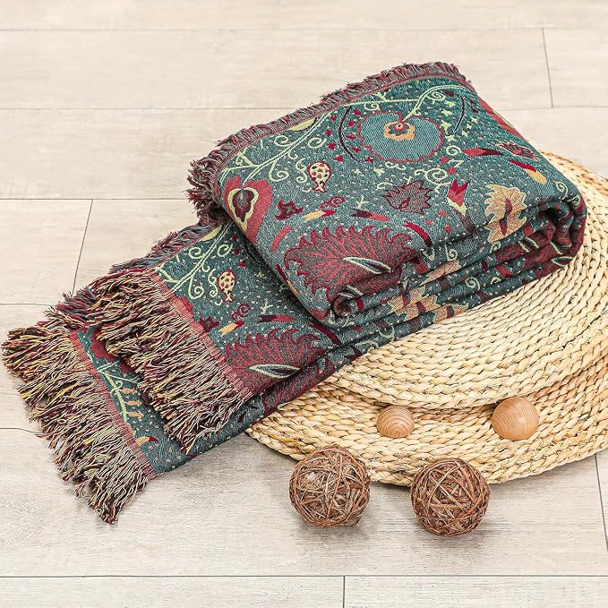 Boho Throw Blanket,Deep Green Floral Fringed Muslin Blanket for Couch,Sofa, Living Room, Bedroom – Lightweight Cotton Tassel Blanket for Summer,Cozy Home Decor,Gifts for Father,50"x60"