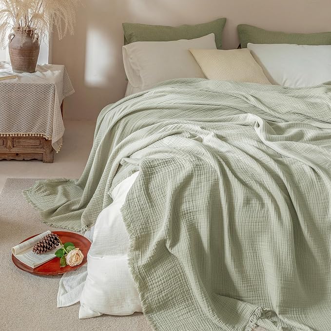 Muslin Fringe Blankets for Adults: 100% Cotton Cloud Soft | 4-Layer Gauze Breathable Lightweight All Season Throw Blanket for Bed Couch Sofa Office