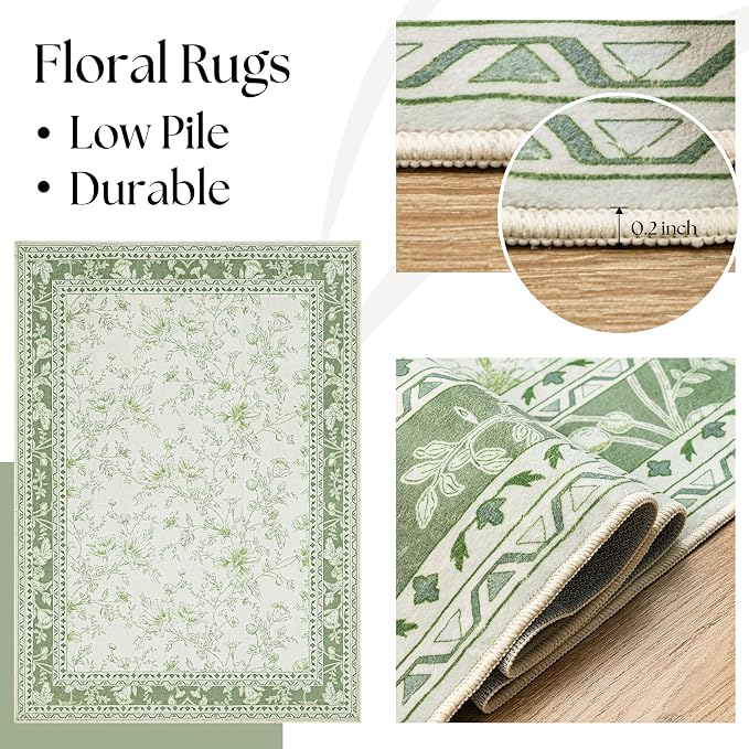 Sage Green Area Rugs 10x12 for Living Room Boho Washable Extra Large Floral Floor Covering, Cream Beige Green Rugs Bedroom Dining Room, Non Slip Farmhouse Floor Carpet for Kids Playroom Nursery