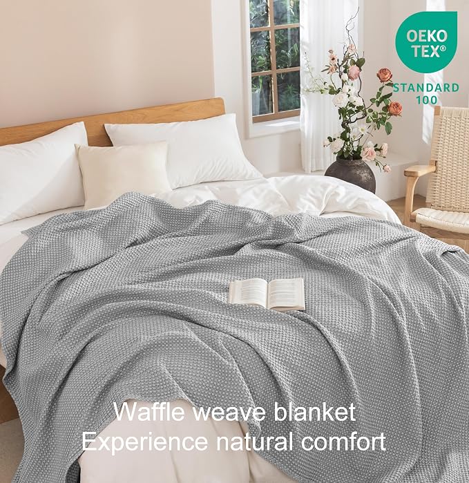 Talasily 100% Cotton Blanket Twin XL Size for Bed - Spring and Summer Cooling Lightweight & Breathable Bedding -Soft Waffle Weave Christmas Blanket, Machine Washable,Gray,66x90 Inches