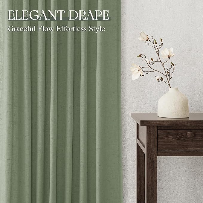 Jowels Light Sage Green Linen Curtains 84 Inch 2 Panels for Living Room | Light Filtering Semi Sheer Curtain, Back Tab Pocket Pleated Look, Boho Farmhouse Textured Privacy Drapes for Bedroom Window