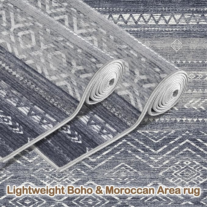 Tortania Area Rug Living Room Rugs- 8x12 Washable Large Soft Neutral Boho Moroccan Bohemian Farmhouse Rug Indoor Floor Carpet for Bedroom Under Dining Table Home Office Decor - Blue Gray