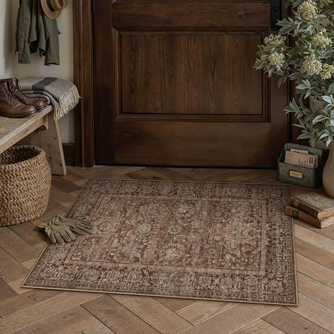 HUGEAR Entryway Rugs 2x3 Rust Red Washable Rug Door Mat Neutral Vintage Rug Carpet Distressed Soft Durable Non Slip No Shedding for Indoor Bedroom Kitchen Dining Nursery Laundry