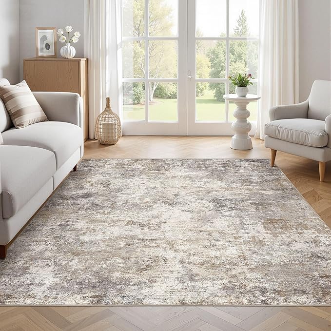 UERMEI Square Area Rugs : Washable 6x6 Neutral Modern Abstract Carpet for Living Room Bedroom - Soft Floor Mat with Non Slip Backing for Kitchen Nursery Dorms Farmhouse Home Decor - Brown Grey