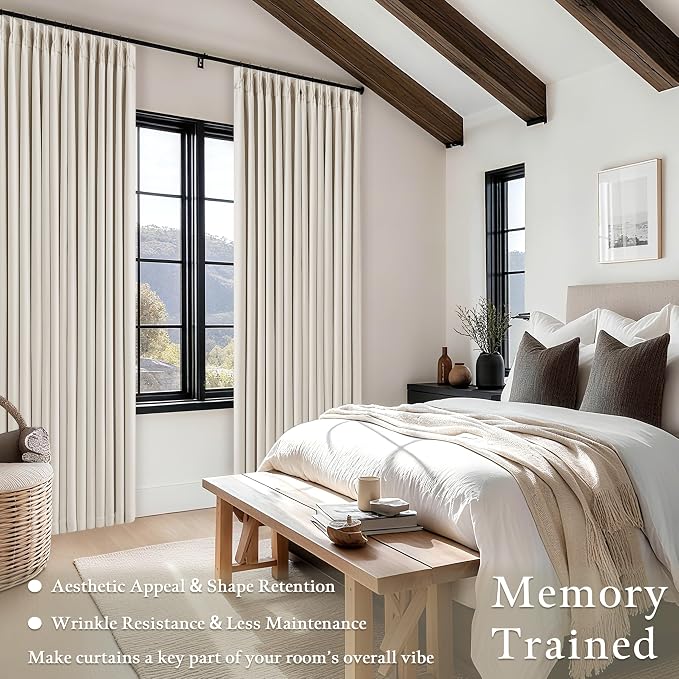 105 Inch Blackout Linen Curtains Pinch Pleat for Bedroom Living Room Darkening Neutral Pleated 100% Black Out Thermal Insulated Window Drapes Double Layer Soundproof Curtains 2 Panels Ivory Natural