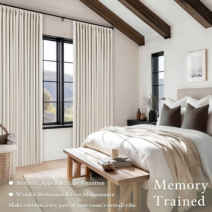 TWODRAPES 92 Inch Long Pinch Pleated Blackout Curtains for Bedroom Living Room, Natural Beige Linen Blend 100% Blackout Sliding Door Curtains, Cozy Modern Privacy Protection Curtains 92 Inches