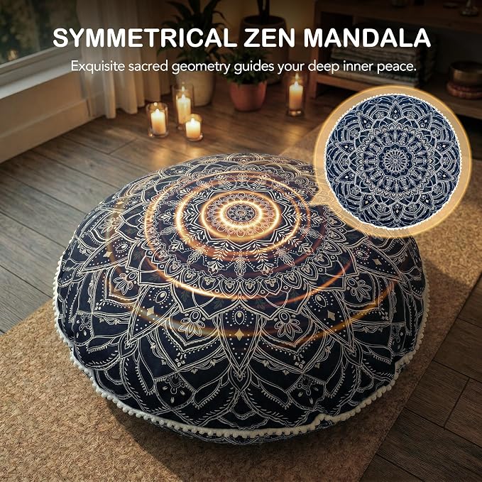 Codi Meditation Cushion for Adults - 32" Large Floor Pillow with Supportive Shredded Memory Foam - Round Zabuton with Washable Cover, Bohemian Mandala Seating for Yoga and Mindfulness, Black