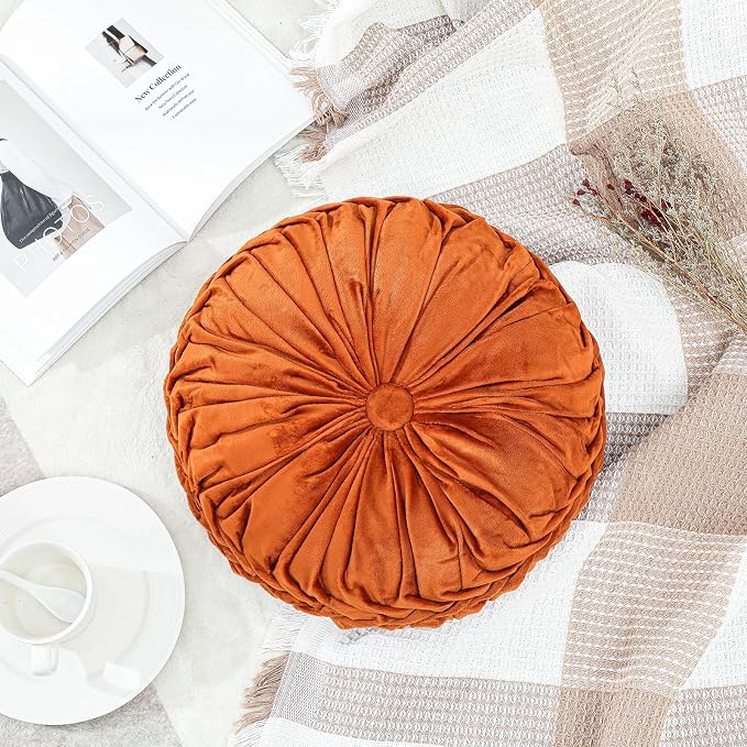 Drydiet 1 Pcs Round Throw Velvet Pillows Decorative Pleated Throw Pillows Diameter Accent Pumpkin Boho Chair Cushion for Couch Sofa Home Decoration (Brunt Orange,15'')