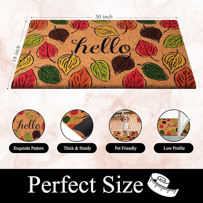A1HC Natural Coco Coir Door Mat Hello Autumn Leaves Doormat with Heavy Duty Non-Slip PVC Backing - 18" x 30" - Easy to Clean, Welcome Mat for Home, Low-Profile Durable Doormat