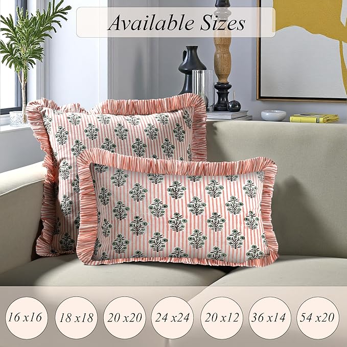 Ridhi Block Print Salmon Blossom Throw Pillow Cover 20" x 20" (Pack of 2) Decorative Cushion Covers with Ruffle for Couch, Sofa, Bed, Living Room, Home Decor Gift for Spring, Easter, Valentine