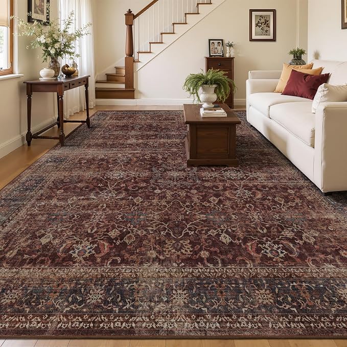 Brick Red Area Rugs 9x12 Living Room, Vintage Distressed Rustic Washable Rugs for Bedroom Non Slip, Low Pile Thin Large Carpet Rug for Dining Room Stain-Resistant, Earth Tone Brick Color