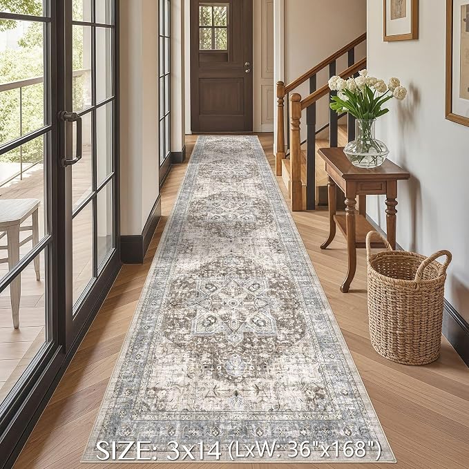 Tortania Area Rug 3x14 Runner Rugs - Washable Vintage Oriental Farmhouse Thin Indoor Carpet for Living Room Bedroom Hallway Entryway Kitchen Under Dining Table Home Office - Brown Blue