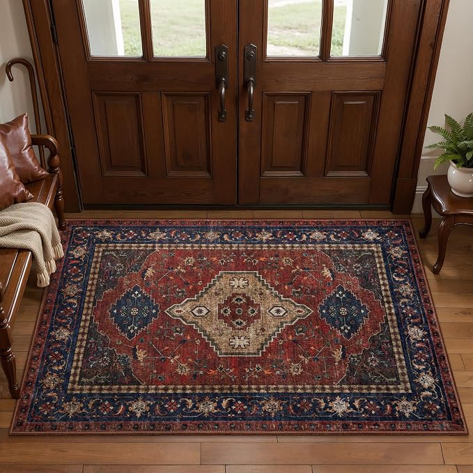 Tangsoo Oriental 2x3 Washable Rugs, Red Vintage Non Slip Small Area Rug Carpet, Indoor Front Door Rug for Entryway, Door Mat Indoor Entrance Soft Low Pile Throw Rugs for Entry Kitchen Bedroom