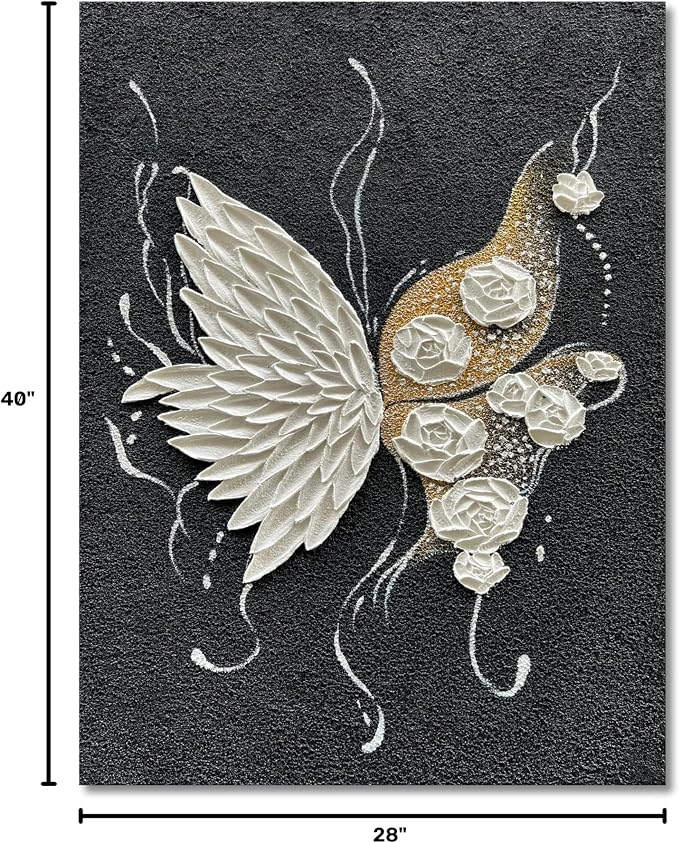 Hand Painted White Butterfly and White Flower Art Painting Modern Black and White Abstract Wall Art Decoration 40x28 Inches