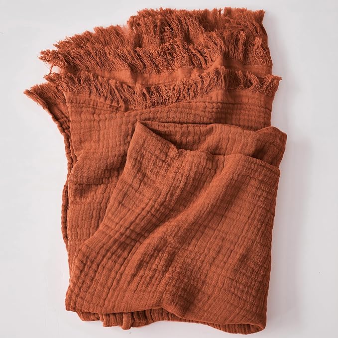 FALUCA Cotton Muslin Throw Blanket 50x60 Inches for Bed, Couch, Knit Woven Gauze Blanket, Soft Lightweight Cozy Breathable Farmhouse Decoration for All-Season, Caramel