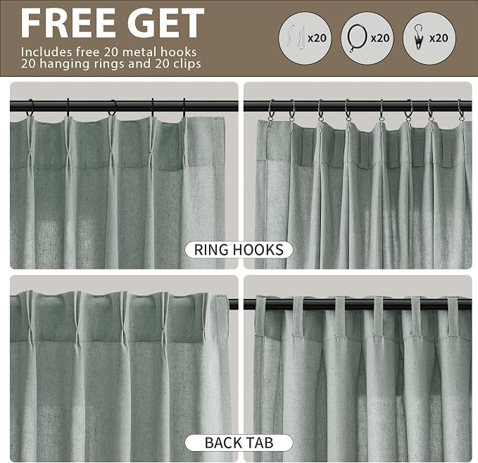 Guken Desert Sage Pinch Pleated Linen Curtains 90 Inches Long Farmhouse Country Semi Sheer Textured Linen Blended Light Filtering Curtain for Living Room Bedroom Pleated Drapes with Hooks Rings 40x90