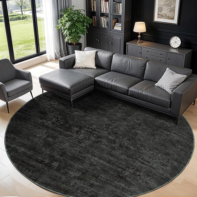 LIANLAM 6 FT Washable Rug, Black Solid Round Rugs for Living Room & Bedroom | Stain-resistant & Non-slip backing,Low Pile Washable Large Carpet, Solid Vintage Style For High Traffic Areas(6 FT,Black)