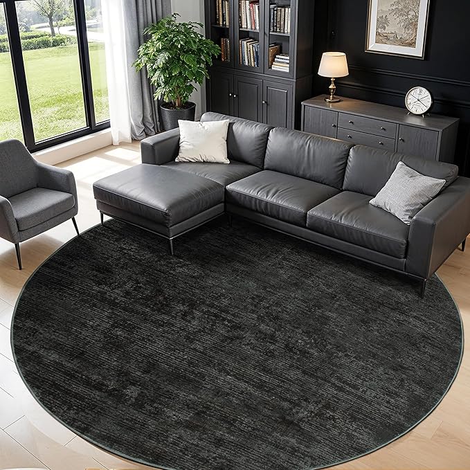 LIANLAM 8 FT Washable Rug, Black Solid Round Rugs for Living Room & Bedroom | Stain-resistant & Non-slip backing,Low Pile Washable Large Carpet, Solid Vintage Style For High Traffic Areas(8 FT,Black)