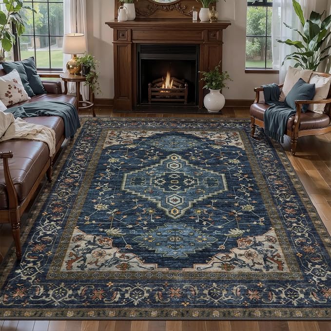 Tangsoo Dark Blue 5x7 Area Washable Rugs for Living Room, Oriental Indoor Non Slip Large Area Rugs, Vintage Print Carpet, Soft Low Pile Foldable Floor Rug for Bedroom Dining Room Dorm Home Decor