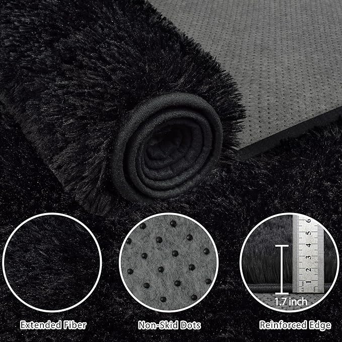 8x10 Area Rug for Living Room:Ultra Soft Fluffy Shag Black Rugs,Large Fuzzy Plush Indoor Non Slip Carpet Washable Rug for Bedroom Kids Nursery Office Dorm Modern Decor(Black)