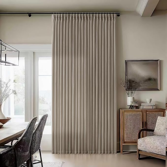 Linen Sheer Pleated Curtains 120 Inches Long Patio Sliding Door Curtains 70 Inch Width Light Filtering Semi Sheer Curtain Drapes Taupe Farmhouse Extra Wide 70x120 Curtain Panels for Living Room
