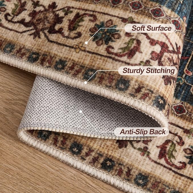 Tangsoo Vintage 4x6 Washable Area Rug, Oriental Indoor for Living Room, Non Slip Machine Washable Large Tumble Rugs, Soft Print Carpet for Bedroom Dining Room Dorm Office Home Decor Dark Blue Beige