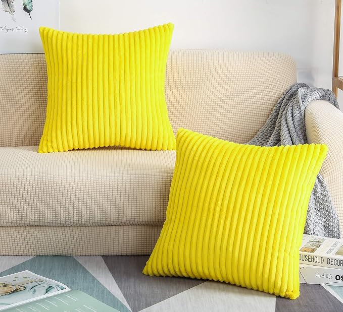 TangDepot Velvet Big Corduroy Pillow Covers 22x22 Yellow 2-Pack | Soft wide-stripe corduroy pillow cover, hidden zipper, machine washable, easy refresh, for bedroom living room indoor outdoor
