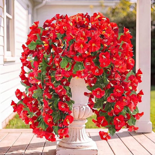 Sggvecsy Artificial Fake Hanging Flowers Plants for Outdoor Outside Spring Summer Decoration 4PCS Faux Silk UV Resistant Realistic Morning Glory Trailing Vines for Home Porch Patio Balcony(Red)