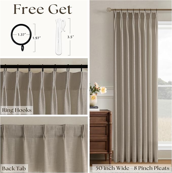 Pinch Pleated Linen Curtains 84 Inch Length for Living Room Bedroom Textured Burlywood Birch Semi Sheer Boho Neutral Back Tab Pinch Pleat Hooks Rings Window Curtain 84 Inches Long 1 Panel Taupe