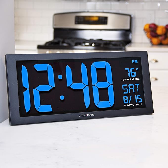 AcuRite 75152M Oversized Blue LED Clock with Indoor Temperature, Date and Fold-Out Stand, 14.5-Inch / Blue