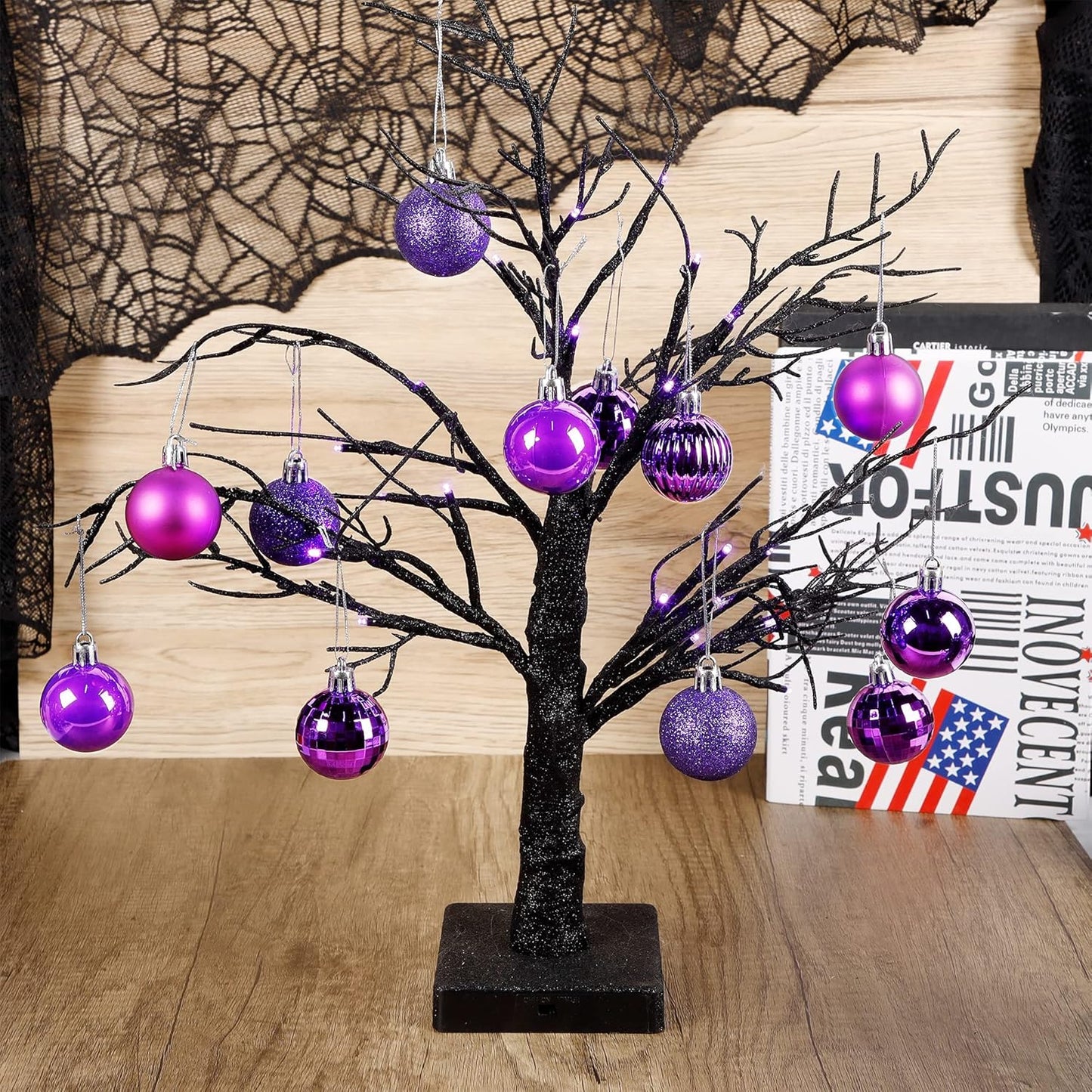 Lulu Home Halloween Hanging Ornaments, 34 Ct 1.57" Pre-Strung Plastic Balls, Shatterproof Barrel Packed Balls for Holiday Party Wreath Tabletop Tree Decorations, Dark Purple