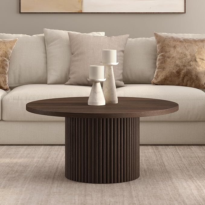 Henn&Hart 32" Fluted Round Pedestal Low-Profile Coffee Table for Living Room, Family Room, Office, or Apartment, Heritage Oak