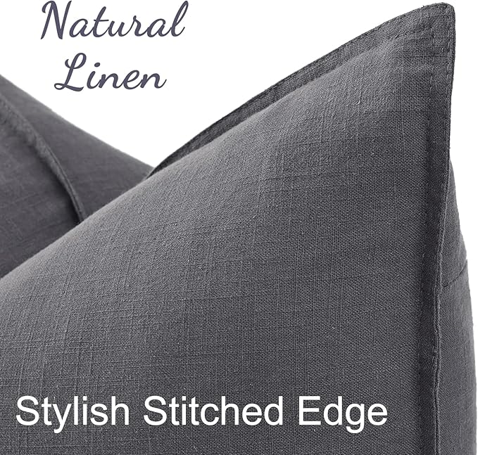 decorUhome Summer Decorative Linen Throw Pillow Covers 12x20 Inch Set of 2 Dark Grey Lumbar Pillow Covers with Flange Edges Soft Farmhouse Boho Accent Pillow Cases for Couch Bed Living Room