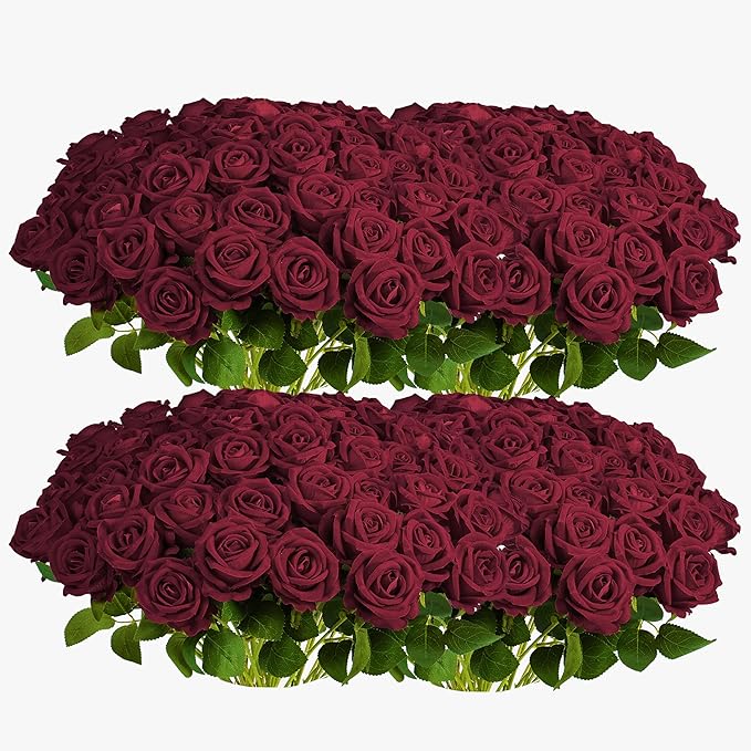 Auihiay 104PCS Burgundy Roses, Vivid Silk Velvet Artificial Roses, Lifelike Faux Roses for Bridal Bouquet, Home Decor, Valentine's Day, Wedding Centerpieces, Engagement Party