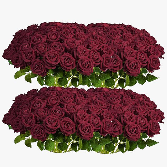 Auihiay 104PCS Burgundy Roses, Vivid Silk Velvet Artificial Roses, Lifelike Faux Roses for Bridal Bouquet, Home Decor, Valentine's Day, Wedding Centerpieces, Engagement Party