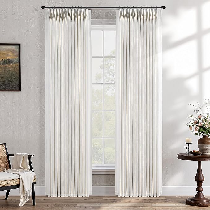 Natural Linen Curtains 84 Inch Length 2 Panels for Living Room Neutral Textured Pinch Pleated Curtains Ivory Cream Beige Light Filtering Pleated Drapes 84 Inches Long Back Tab Hooks Clips Rings 7Ft
