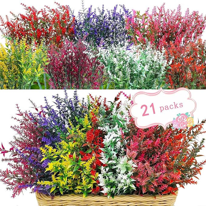 WEAUSUP 21 Bundles Faux Plants Outdoor Fake Flowers Artificial Flowers Fake Shrubs Greenery Bushes Bouquet UV Resistant Faux Bushes Plastic for Home Garden Decor (7 Colors)