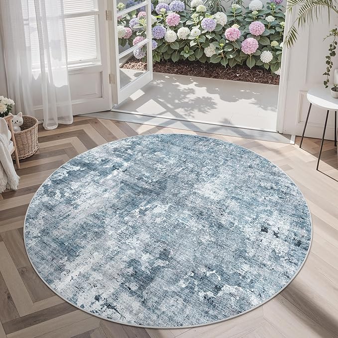 Soalmost 5x5 Blue/Grey Round Rug 5ft Living Room Circle Rug Vintage Round Area Rug Non Slip Indoor Carpet for Entryway Dining Room Bedroom