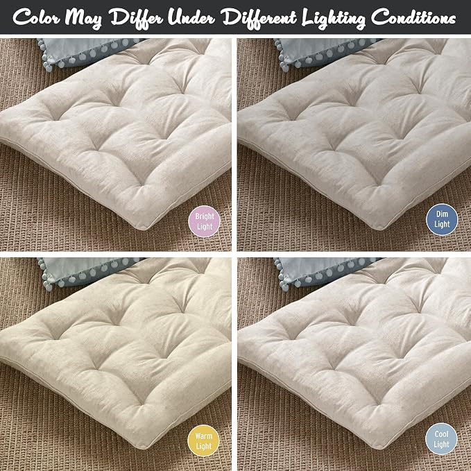 Intelligent Design Edelia Foldable Poly Chenille Light Weight Lounge Floor Pillow Cushion Tufted Seat for Meditation, Game Playing, Yoga, Reading with Travel Wrap, 74x27, Ivory