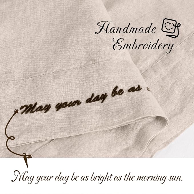 Linen Pillow Cases with Embroidery Design,20"x40" King Size Set of 2,100% French Flax Soft Breathable Handmade Linen Pillowcases,Natural Embroidery