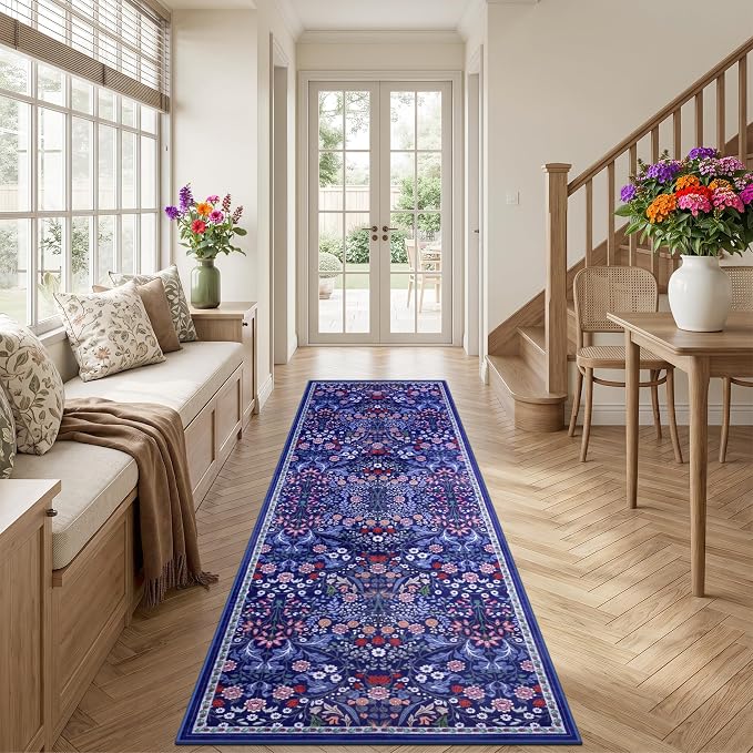 Runner Rug for Entryway: 2.6x10 Kitchen Rugs Non Slip Washable Ultra-Thin Soft Floral Carpet Indoor Floor Stain Resistant Carpets for Hallway Bedroom Kitchen Laundry Bathroom Dorm Blue