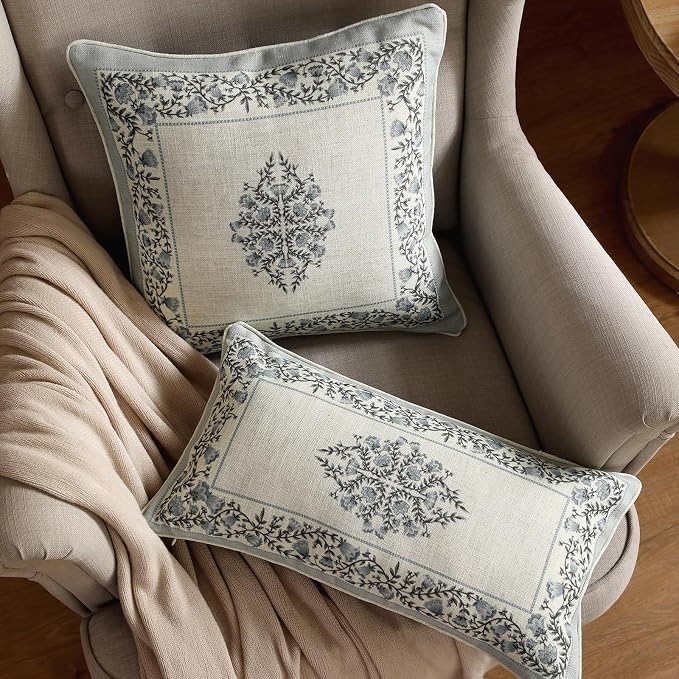 ISAENNE Designer Vintage Linen Throw Pillow Cover,20"x12"-Segerman A | Elegant Chinoiserie Rectangle Pillow Cover,Concealed Zipper Design,Floral Pattern,Sofas,Bedroom,Living Room,Lounge Chairs