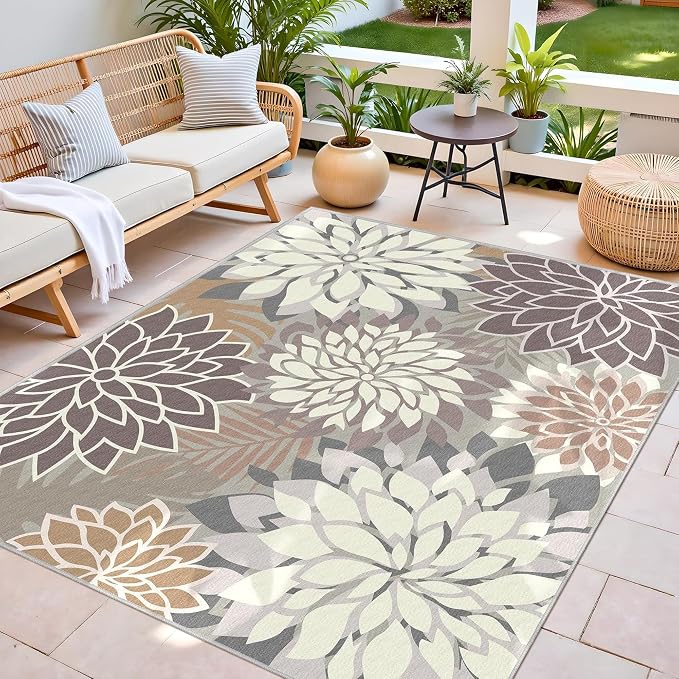 4x6 Washable Rug for Living Room Tropical Botanical Modern Floral Chenille Area Rugs Low Pile Non Slip Carpet for Patio, Bedroom, Laundry, Taupe