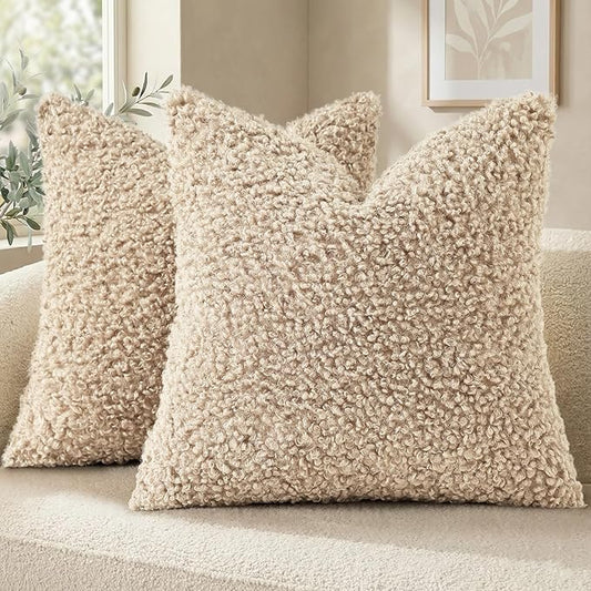 decorUhome Pack of 2 Throw Pillow Covers 18x18 Inch, Faux Fur Decorative Sherpa Pillow Covers Fuzzy Accent Soft Sheepskin Fleece Pillow Cases for Couch Living Room Bed, Neutral Oatmeal